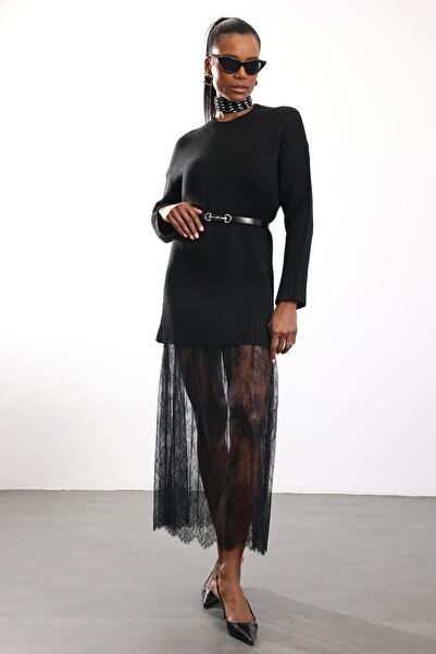 5in1Canpolat Black Skirt with Lace Detail Knitwear Dress Te251009