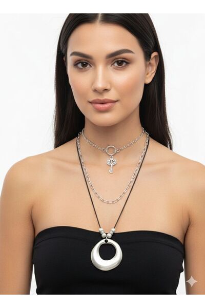 Vintage Takıhane Bohem Anahtar Detaylı Silver Choker & Kolye
