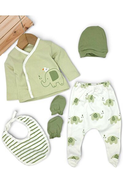 VOY KİDS Erkek Bebek 5'li Fil Desenli, Şapkalı Önlüklü Eldivenli Hastane Çıkı...