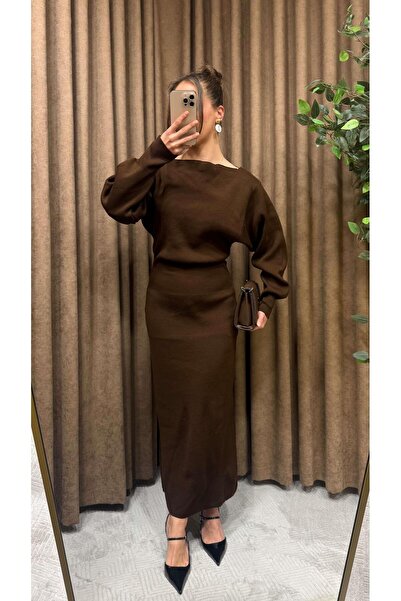 Maysa BEL OTURTMALI KAYIK YAKA TRİKO ELBİSE-KAHVE