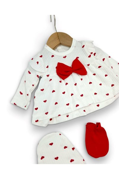 voyyo kids baby Baby Girl 5-Piece Heart Patterned, Bow Detailed Hospital Discharge Bodysuit Set, 100% Cotton Newborn Bodysuit