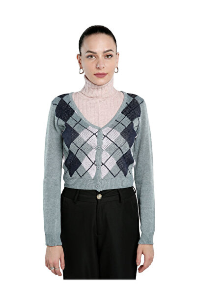 london Rag كارديجان نسائي رمادي بأكمام طويلة بنقشة أرجيل