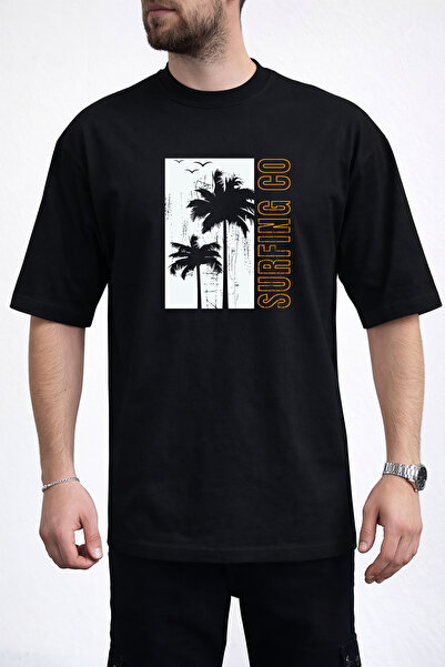 caddekombin Tricou negru pentru bărbați, cu imprimeu Palm Tree Silhouette Sur...