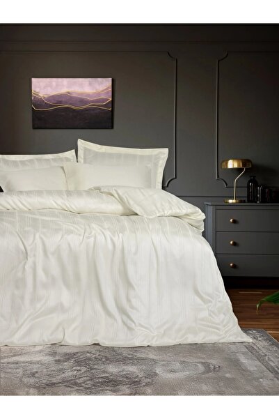 Talis Double Stripe Ecru Bed Linen, Satin Deluxe