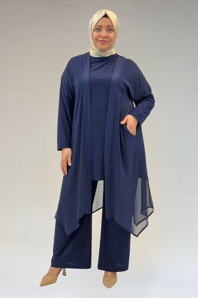 Eslina 67302 Plus Size Triple Sandy - Chiffon Pants Suit - Navy Blue