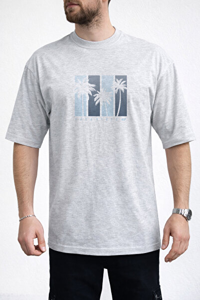 caddekombin Men's Good Vibes Written Palm Tree Printed Crew Neck Gray T-Shirt