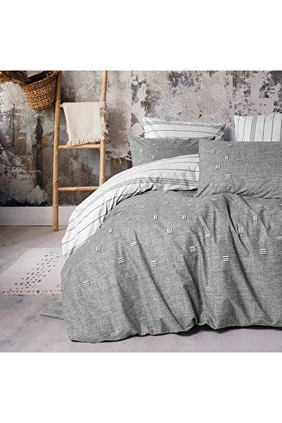 Talis Double Bed Linen Grey Stripe 6 Pieces, 100% Cotton