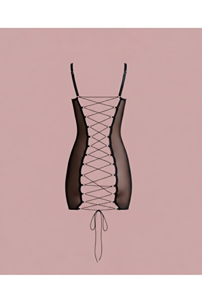 İntive Lingerie Διαφανές μαύρο φανταχτερό νυχτικό με κορδόνι πλάτης TM1291