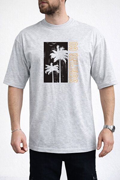 caddekombin Men's Palm Tree Silhouette Surfing Co Text Printed Crew Neck Gray...