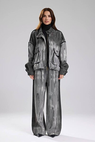 tw3 Kadın Gabardin Kumaş Deri Baskı Detaylı Tasarım Alt Üst Takım