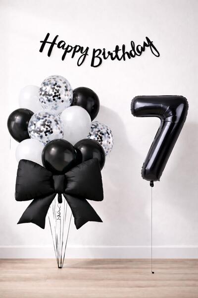 Patladı Gitti Black Bow 7Th Birthday Balloon Set