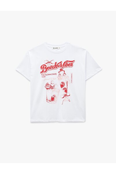 Koton Βαμβακερό κοντομάνικο μπλουζάκι με λαιμόκοψη με φιόγκο με στάμπα oversize