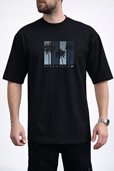 caddekombin Tricou negru pentru bărbați, cu imprimeu palmier și text Good Vib...