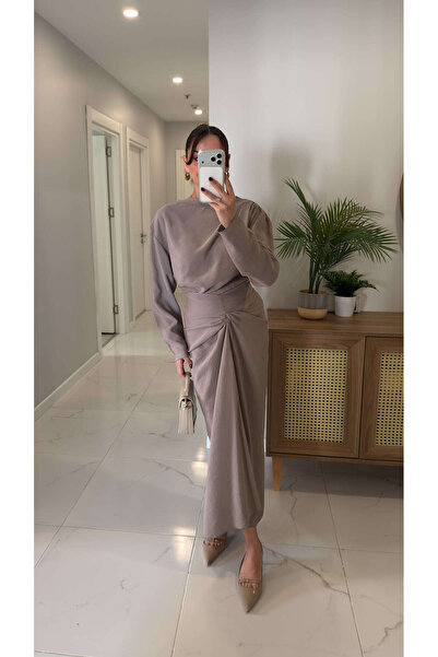 BİRCANÇİL Pucca Mink Twisted Detailed Blouse Skirt Set