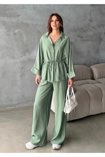 BEJNA Women's Waist-Tie Shirt and Pants Top and Bottom Set