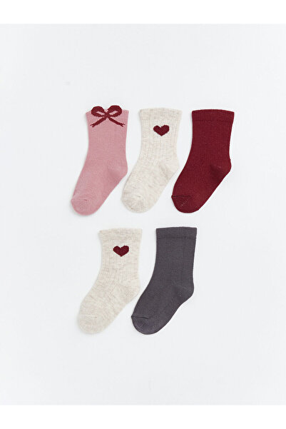 LC Waikiki Nevavm Farkıyla Lcw Baby Pink Heart Patterned Baby Girl Socks 5-Pack