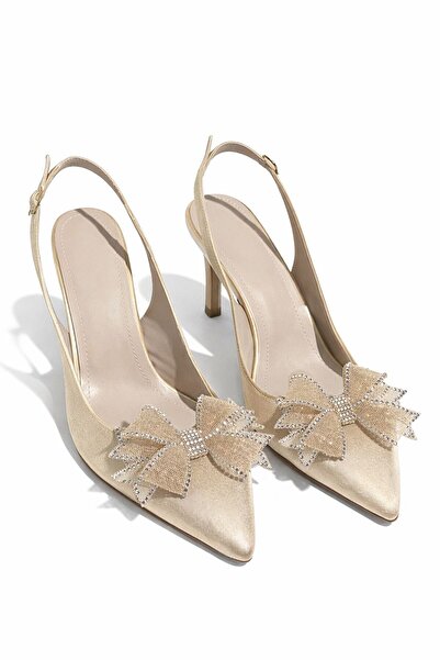 CRAFT MODA Kadın Siyah Taşlı Fiyonk Detaylı Sivri Burun Stiletto