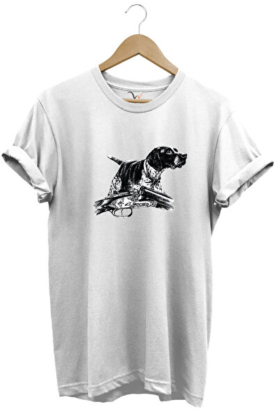 WİDİ Тениска с обкръжаващ десен на ловджийско куче Kurzhaar, 100% памук, редо...