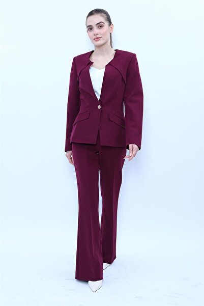 ÖNDER ÖZSOY سترة رياضية بياقة دائرية وزر واحد وبنطلون واسع الساق مع جيوب - لو...