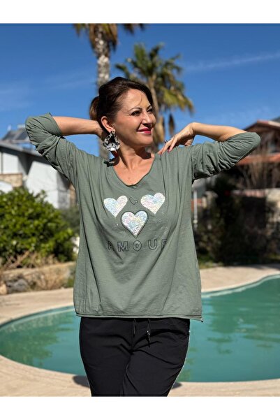 Punta Otantik Yg27080 Amour Printed Italian Coton Blouse Khaki