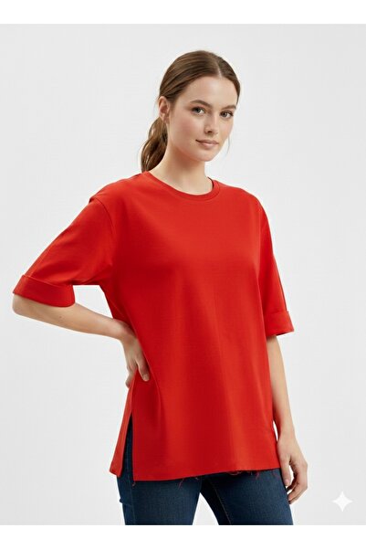 NEW JOURNAL Women's Red 2-Thread Basic T-Shirt with Side Slits Nj41