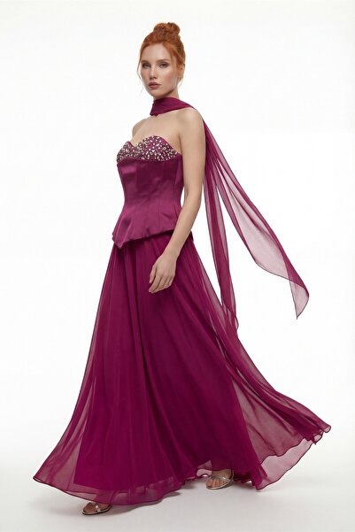 Lafaba Women's Burgundy Strapless Collar Stoned Peplum Detail Long Evening Dress