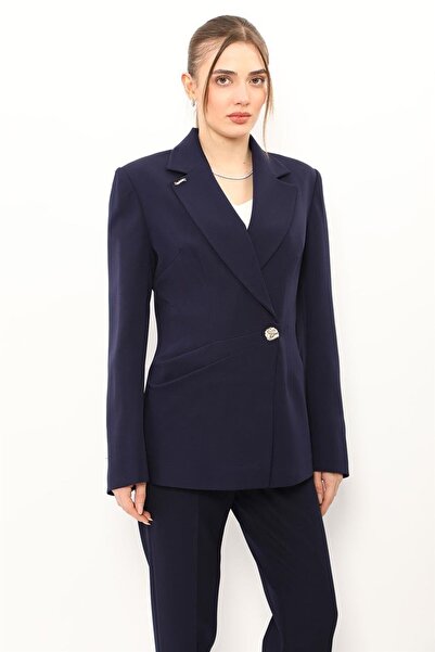 ÖNDER ÖZSOY Pleated Double-Breasted Single-Button Women's Jacket-Navy Blue