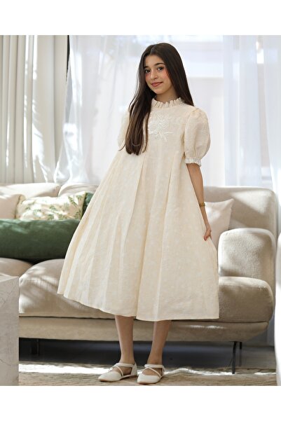 Totikids فستان بناتي سكري مطرز بالورود وياقة كشكشة | تصميم كلوش كسرات - kj2105