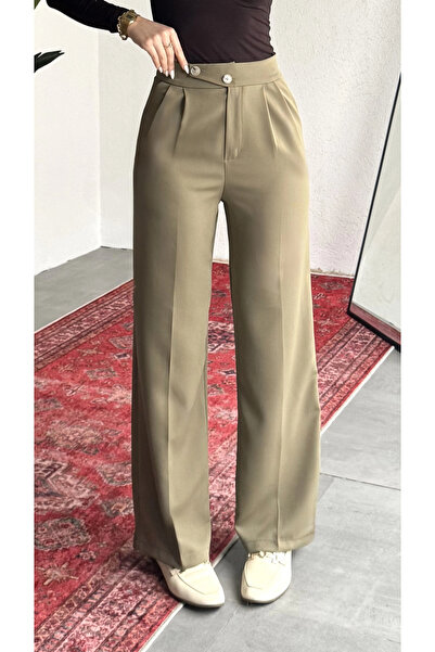 asfamoda Women's Khaki High Waist Pleated Wide Leg Elastic Waist Korean Model...