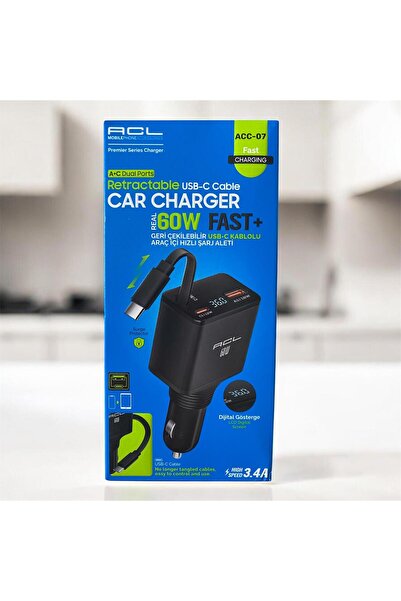 ACL ACC-07 60W Geri Çekilebilir Type-C Kablolu Dijital Göstergeli Araç İçi Hı...