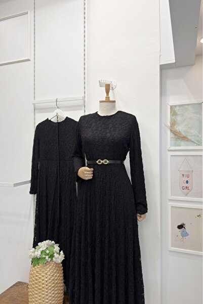 Faya Boutique Siyah İnce Kemerli Dantel Elbise