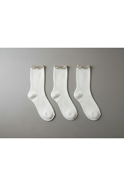 DRAV جوارب نسائية سادة بلون كريمي مع تفاصيل كشكشة لامعة - (بدون خياطة) - 3 قطع