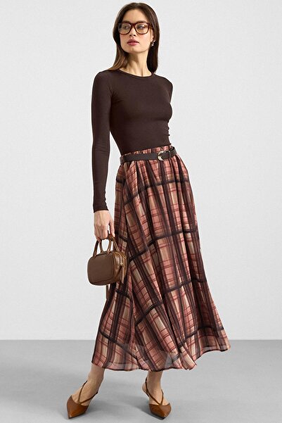 Olcay Elastic Waist Chiffon Skirt with Belt Accessories Brown 7070