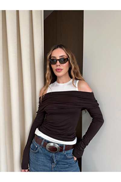 Laluvia Brown and White Athlete's Crew Neck Blouse - 0780