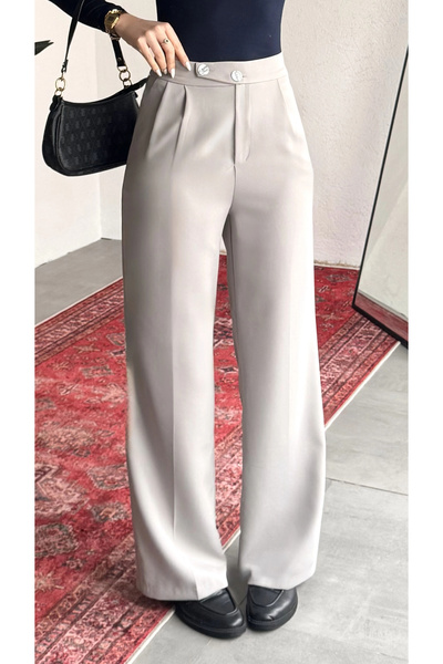 asfamoda Women's Gray High Waist Pleated Wide Leg Elastic Waist Korean Model ...