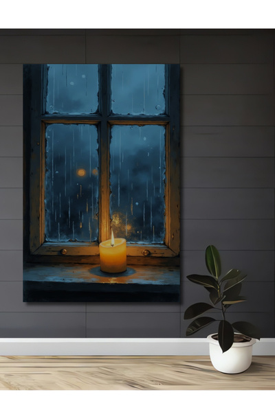 Teona Ahşap Yağlı Boya Görünümlü Mum Işığı Yağmur Camı Ahşap Dekoratif Tablo ...