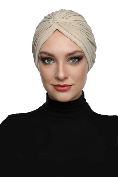 elysianfidan Cross-Strapped Beige Ready-Made Turban Hijab Pool Cap Suitable for Medical Use