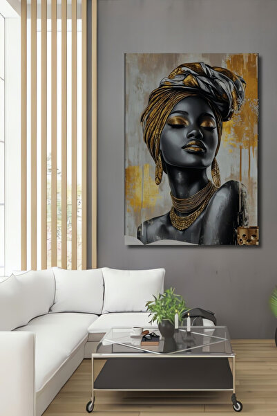 Teona Ahşap Altın Vurgulu Afrikalı Kadın Yağlı Boya Görünümlü Dekoratif Ahşap...