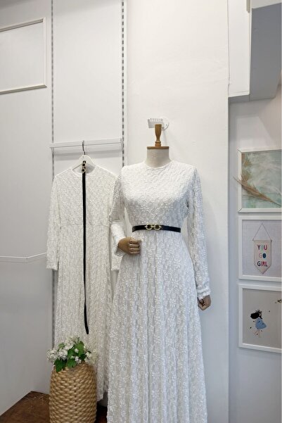 Faya Boutique Beyaz İnce Kemerli Dantel Elbise