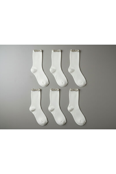 DRAV مجموعة من 6 جوارب نسائية بلون كريمي، مزينة بكشكشة لامعة - (بدون خياطة)