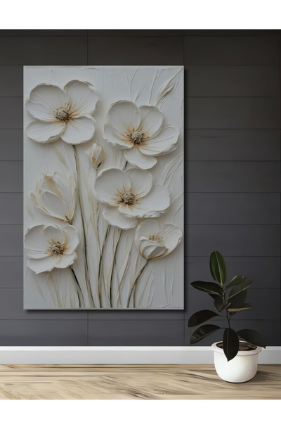 Teona Ahşap Beyaz Çiçek Dokulu Yağlı Boya Görünümlü Ahşap Dekoratif Tablo Ofi...