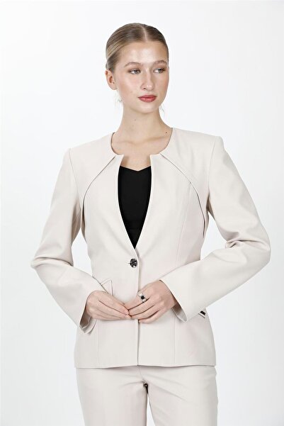 ÖNDER ÖZSOY Zero Collar Single Button Sports Women's Jacket-Beige