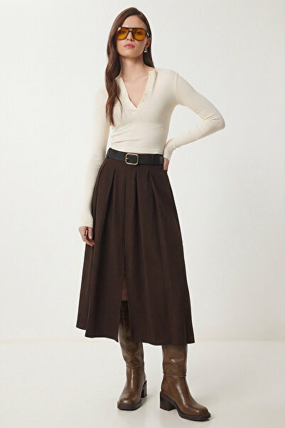 Lovelyİstanbul Belted Slit Midi Woven Skirt Lby0046 Brown
