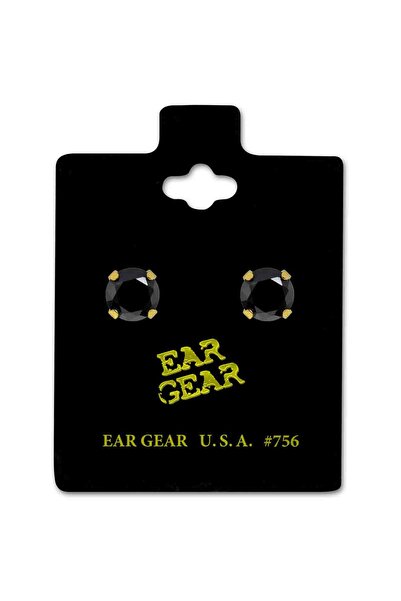 EAR GEAR Earring USA 24K Gold Plated with 6mm Black Cubic Zirconia Stone - 756