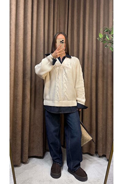 Maysa Jeans-Detail Knitted Design Tricot Sweater-Cream