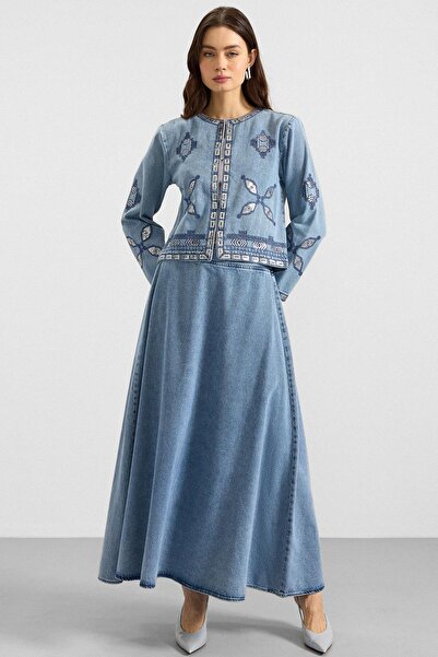Olcay Sequin and Embroidery Detailed Skirt Jacket Denim Two-Piece Set Blue 93...