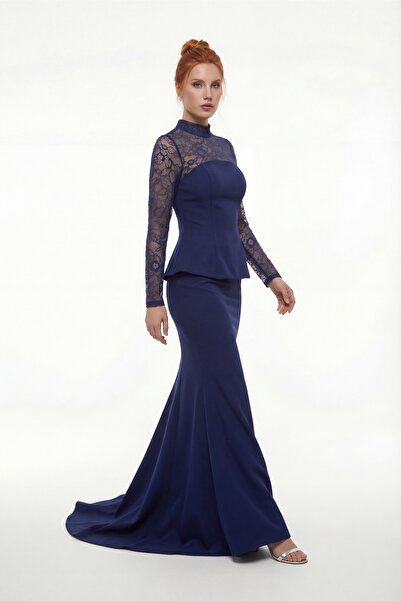 Lafaba Kadın Lacivert Dantel Detay Uzun Balık Abiye Elbise