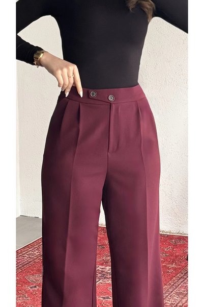 asfamoda Women's Cherry High Waist Pleated Wide Leg Elastic Waist Korean Model Fabric Pants