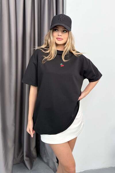 GİYSA Γυναικείο T-Shirt με λαιμόκοψη ποδηλάτου και αξεσουάρ Cherry, 2Ιπ, Μαύρ...