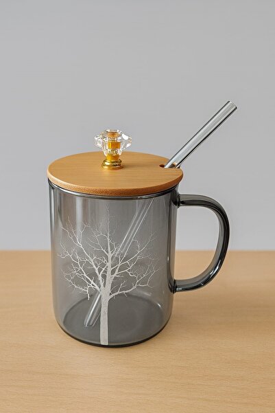 peanelife Premium Bamboo Lid Glass Mug - with Straw, Decorative Tree Motif
